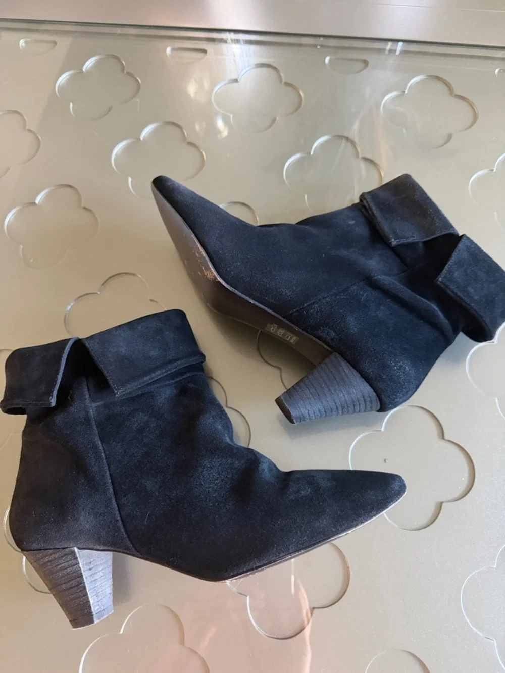 FREE PEOPLE Adella Foldover Suede Booties Black Pointed Toe Block Heel Size 8.5